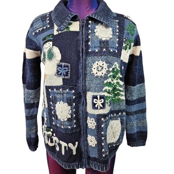 Tiara International Christmas Front Zip Sweater Snowman Patchwork Size Small - Picture 1 of 10